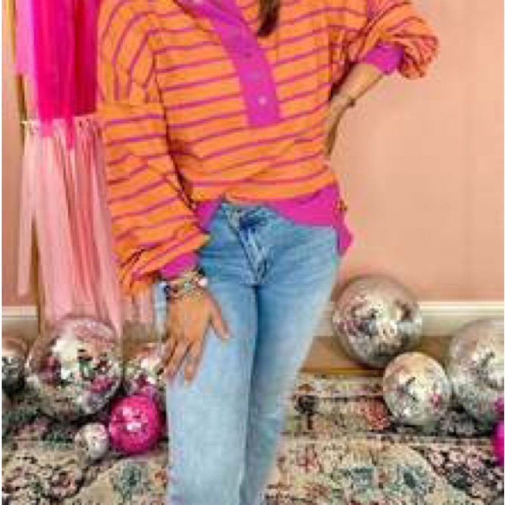 Striped Pink and Orange Long-Sleeve Polo Top